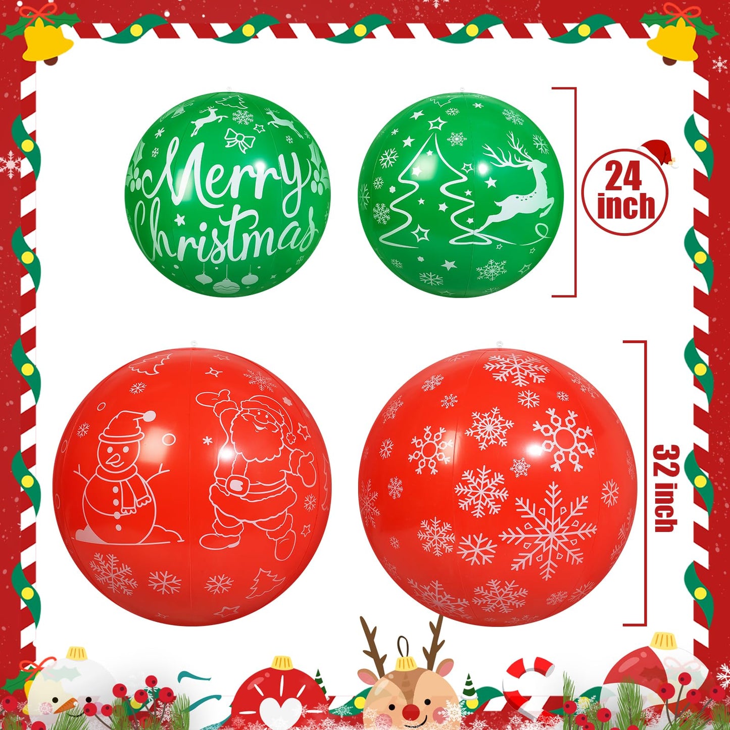 TaoQ C 4 PCS 32 Inch, 24 Inch Christmas Inflatable Balloons PVC Large Christmas Inflatable Outdoor Balls for Xmas Garden Lawn Yard Holiday Front Door Decoration