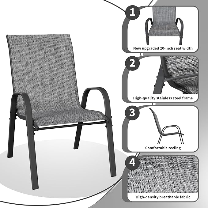 Patio Dining Chairs Set of 6, Outdoor Stackable Dining Chairs High Back, Patio Furniture for Backyard, Porch, Garden, Poolside (Grey)