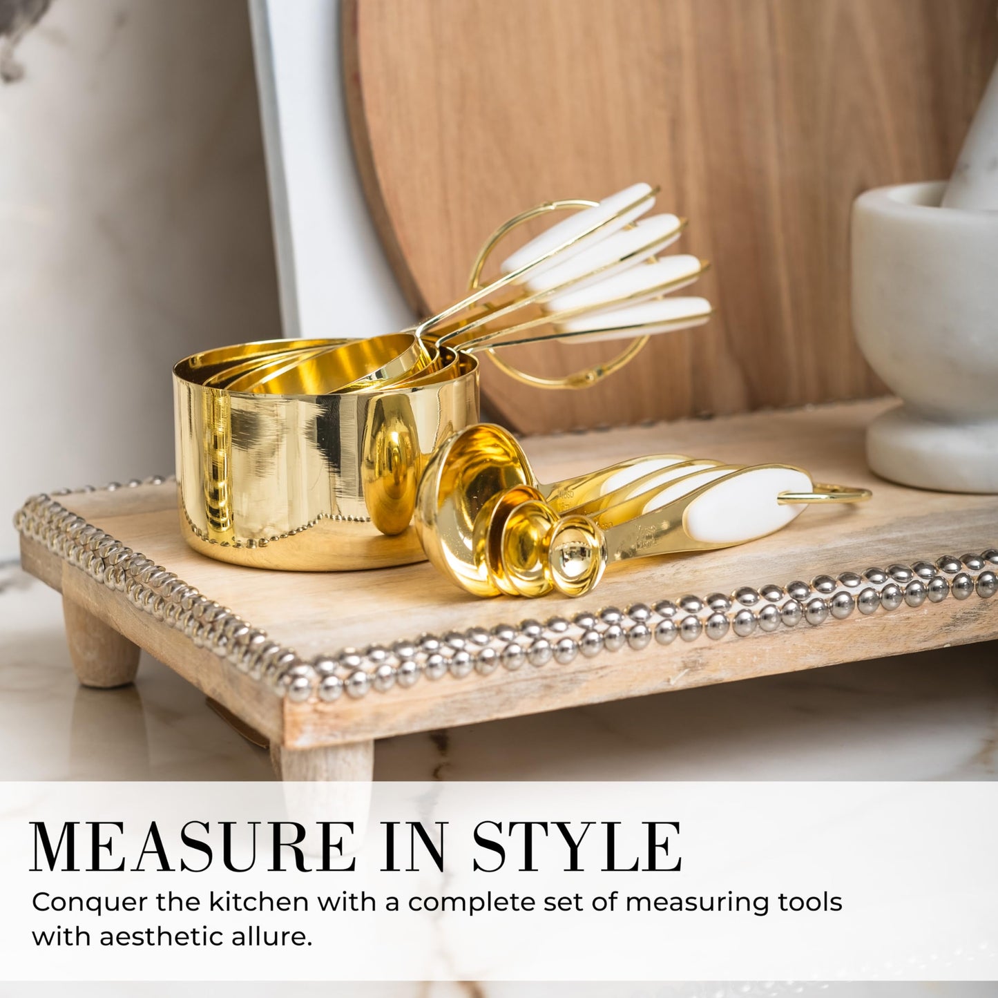 White & Gold Cooking Utensils Set - Luxe 8-Piece Kitchen Gadget Set Includes Can Opener, Tongs and Garlic Press - Stylish White and Gold Kitchen Accessories for Modern Kitchens, Ideal for Gifting