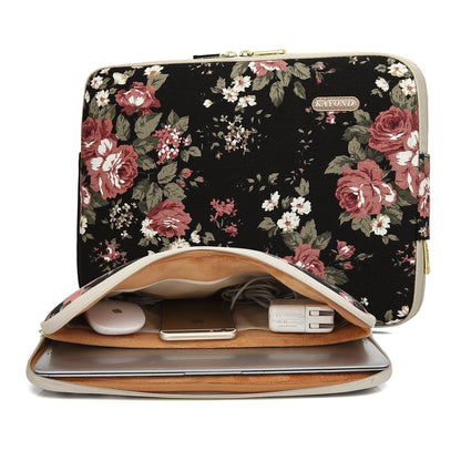 KAYOND Black Chinese Rose Pattern Water-resistant 14 inch Canvas laptop sleeve for 14-14.1 inch HP/Dell/Lenovo/Asus/Acer/Samsung Notebook Computer (14-14.1 Inch, Black C Rose)
