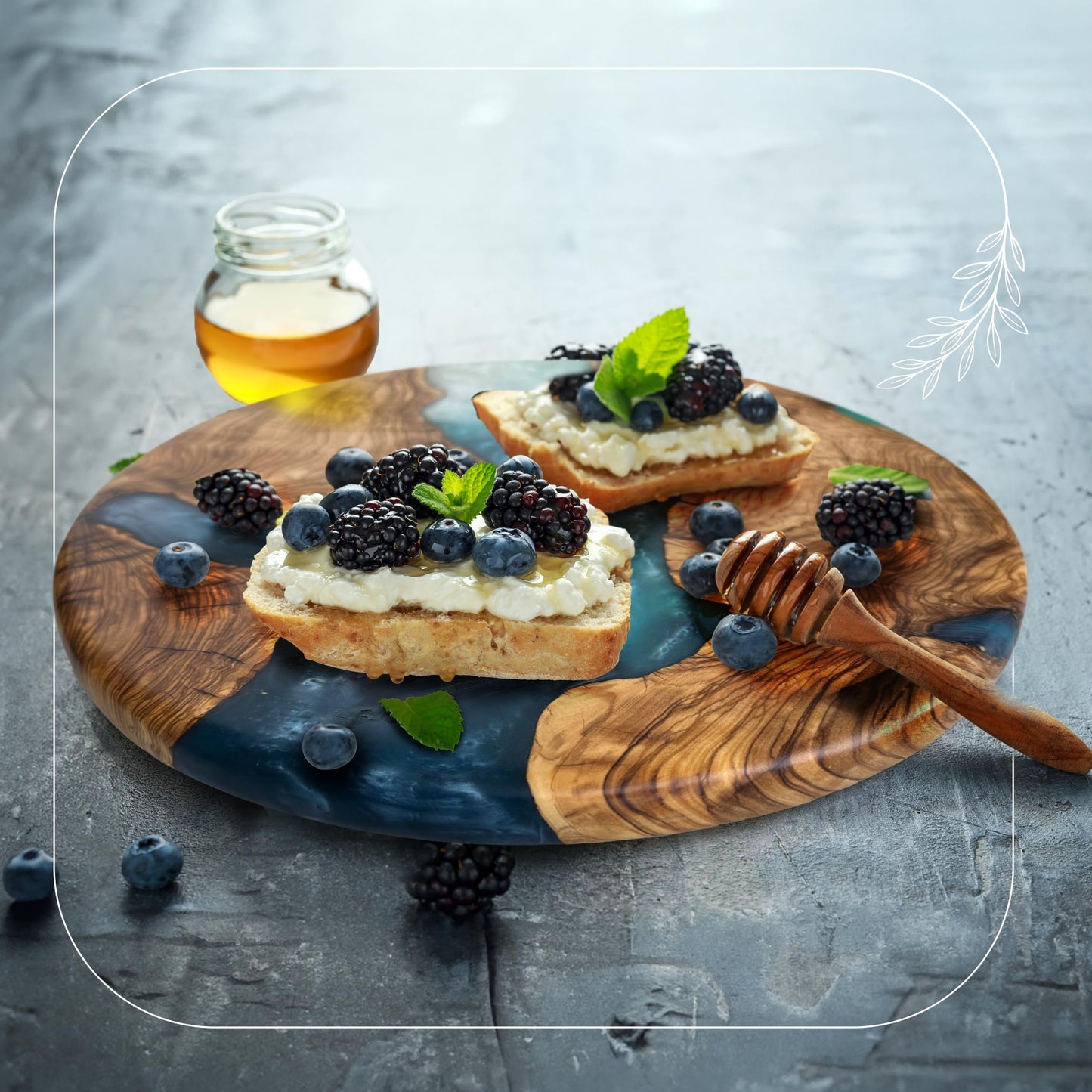 Handmade Olive Wood Round Resin Cheese & Charcuterie Board – Circular Decorative Epoxy Cutting Board with Unique Blue Resin Artwork, Ocean Oasis Design