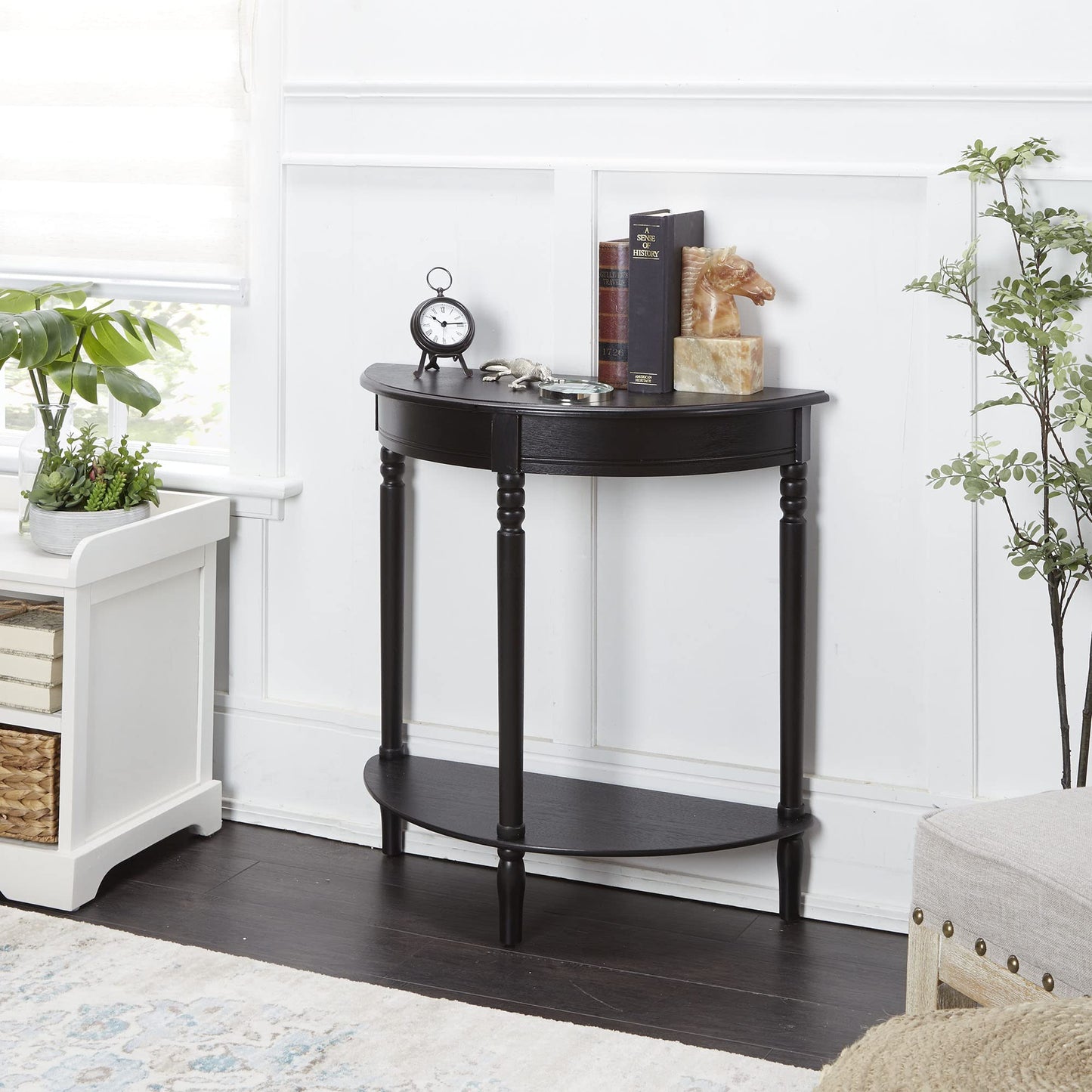 Decor Therapy Half Moon Entry Table, With Shelves & Easy Assembly, Farmhouse Entryway Table, Black, Wood - (28.5" x 11.8" x 28.5")