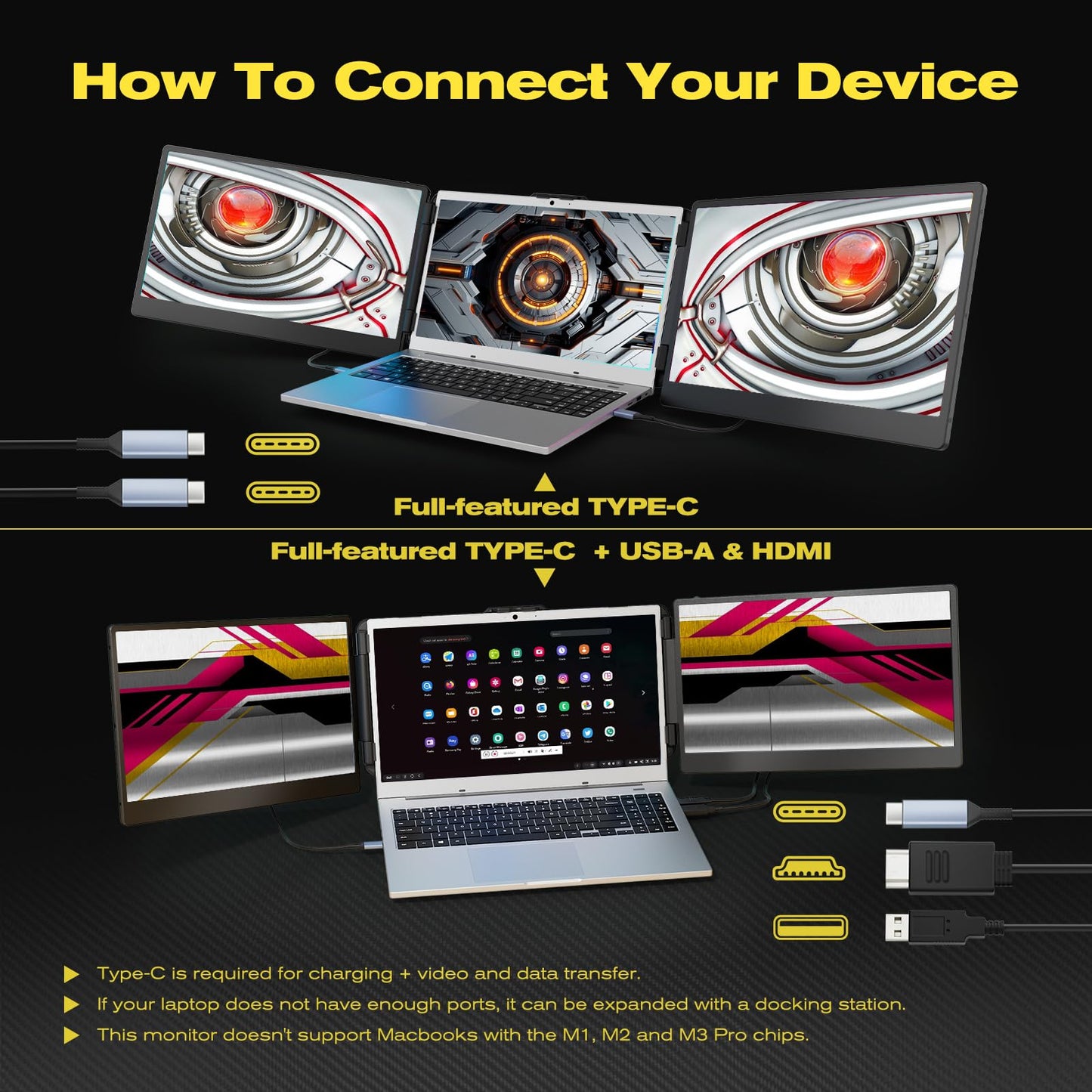KEFEYA Portable Monitor for Laptop, 14” Full HD IPS Display Screen, Triple Laptop Screen Extender, Work with 13”-17” Mac Windows Chrome