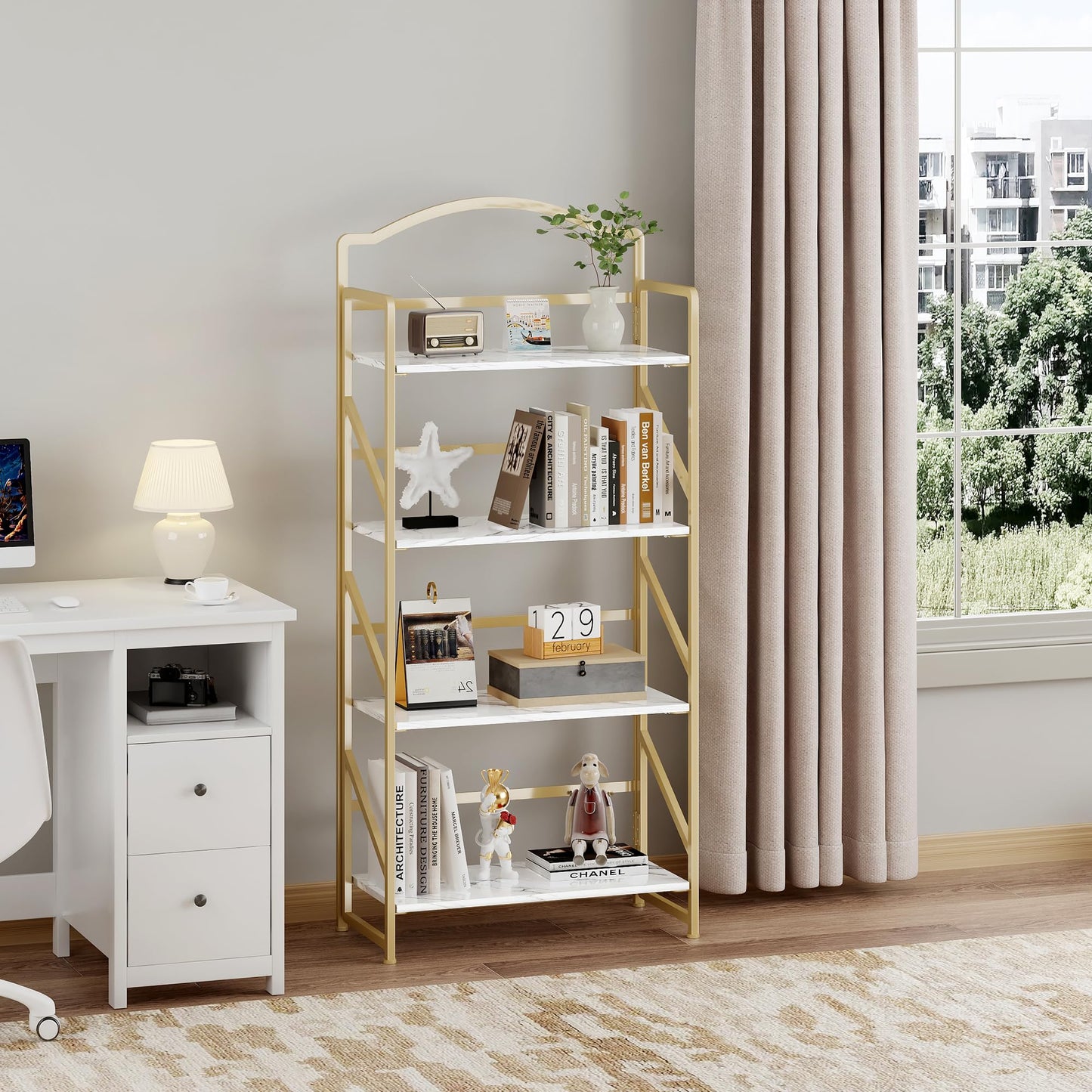 BHG No Assembly Folding Bookshelf for Living Room,Semicircle Collapsible Book Shelf for Home Office, Portable Bookcase Storage Organizer Rack Shelves