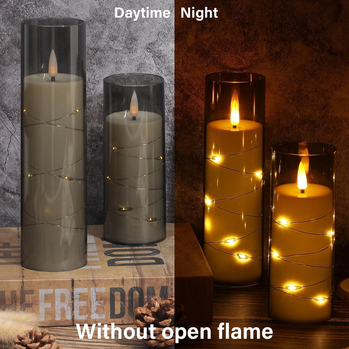 5 Pcs Christmas Pillar Flameless LED Candles 6 Inch Christmas Candles with Embedded Star String Battery Operated Flickering Candlestick for Xmas Holiday Party Wedding Decor