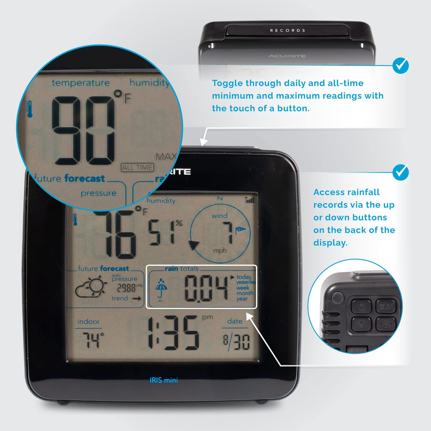 AcuRite Iris® Weather Station with Solar Power Pack, Barometer, Mini Wireless Display for Temperature, Humidity, Wind Speed, Wind Direction, Historic Rainfall Totals, and Hyperlocal Forecast (01122M)