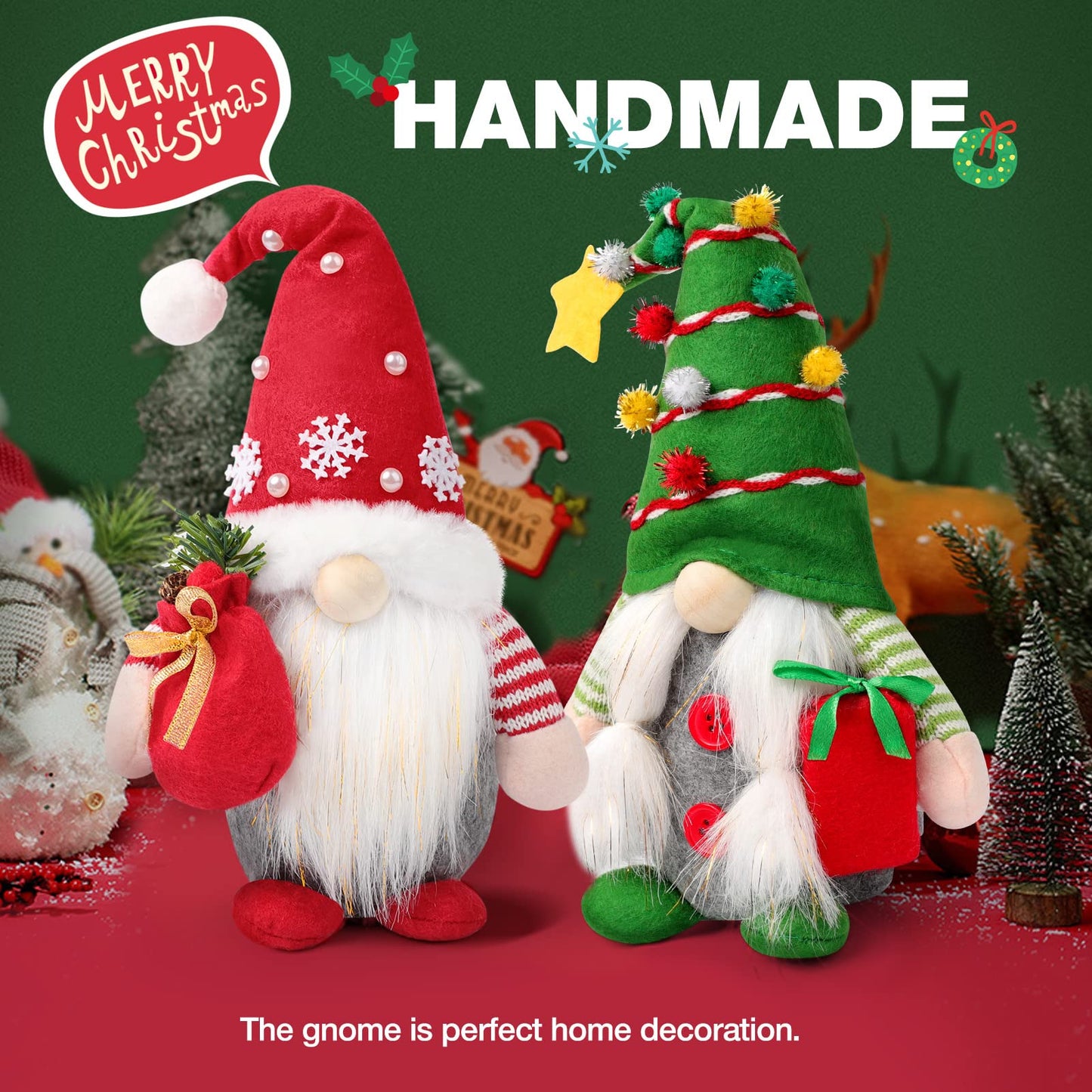 Yonsya Set of 2 Christmas Gnome Plush Decorations, Xmas Farmhouse Tiered Tray Tree Christmas Decor Doll Collectible Figurines - Home Tabletop Elf Ornaments (2, Red+Green)
