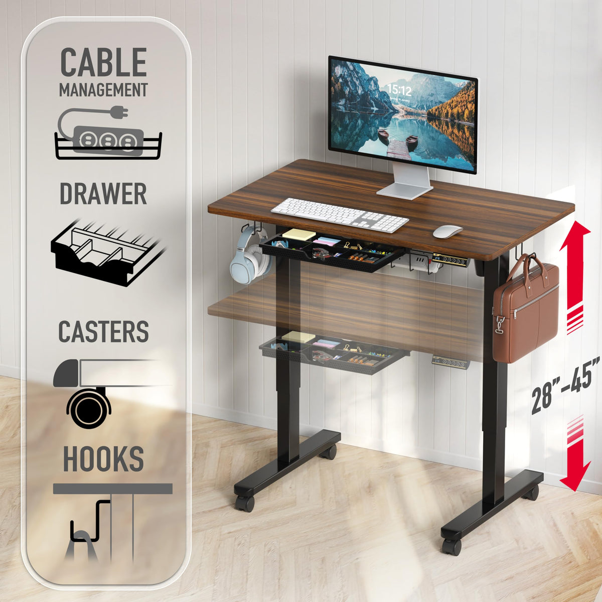 SHW 40-Inch Mobile Electric Height Adjustable Sit to Stand Desk with Drawer, Hanging Hooks and Cable Management, Walnut
