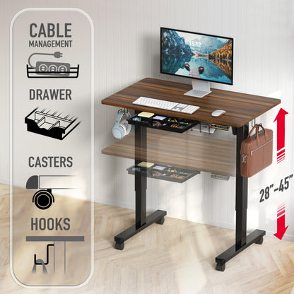 SHW 40-Inch Mobile Electric Height Adjustable Sit to Stand Desk with Drawer, Hanging Hooks and Cable Management, Walnut