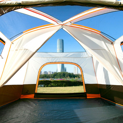 KTT Extra Large Tent 14 Person,Family Cabin Tents,2 Rooms,3 Doors and 3 Windows with Mesh,Straight Wall,Waterproof,Double Layer,Big Tent for Outdoor,Picnic,Camping,Family Gathering(Brown)