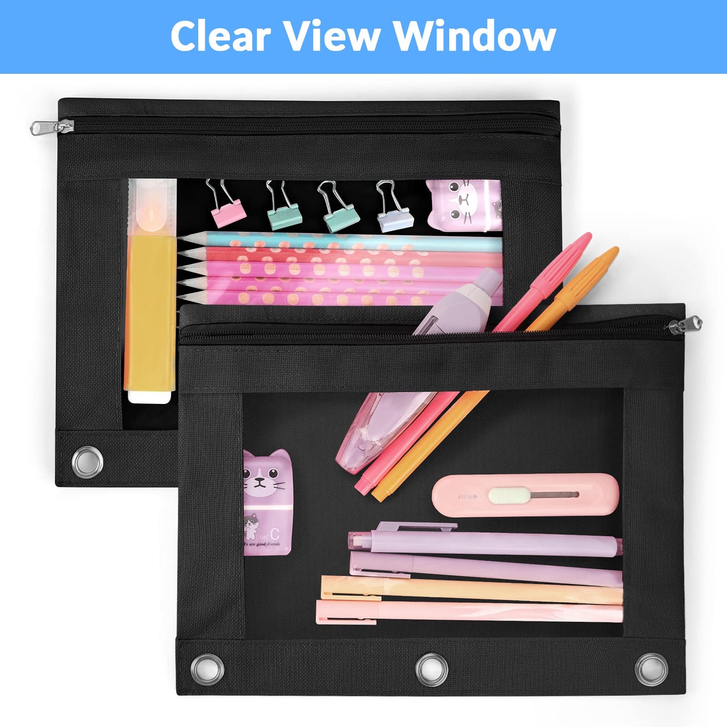 Sooez Pencil Pouch for 3 Ring Binder, 2 Pack Binder Pencil Pouch with Clear Window Pencil Bags with Zipper & Reinforced Grommets, Pencil Case for Binder Black & Black