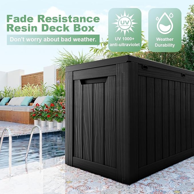 DRATO 80 Gallon Deck Box, Outdoor Storage Box for Patio Furniture, Patio Cushions, Gardening Tools, Pool Supplies 480lbs Weight Capacity,Waterproof Resin Storage Boxes（Black，80 Gallon）
