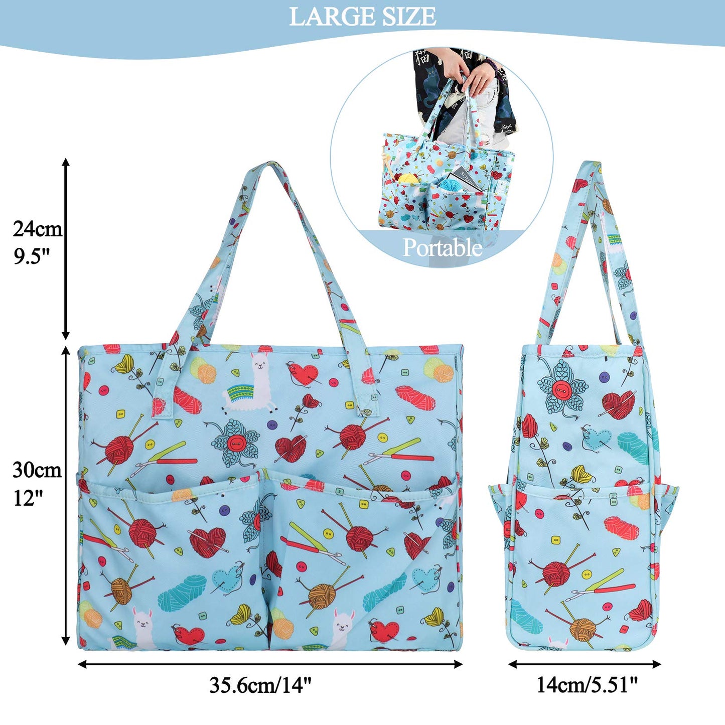 Coopay Craft Bag for Crochet Knitting Cross Stitch, Tote Bag for Embroidery Project, Knitting Needles or Diamond Painting Tools, Knitting Bags Yarn Storage Bag 14in×5.5in×12in,Oxford Cloth,Blue