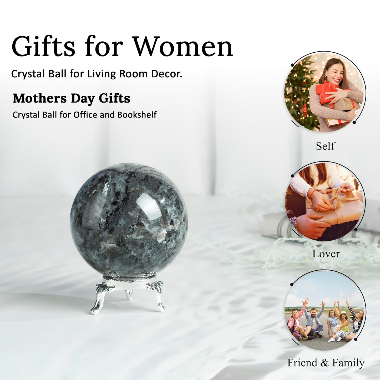Crocon 50mm Larvikite Stone Sphere Ball with Metal Stand 1400+ Carats Gemstone Ball Healing Sphere Sculpture Figurine for Fengshui Divination Home Decoration Photography Crystal Sphere