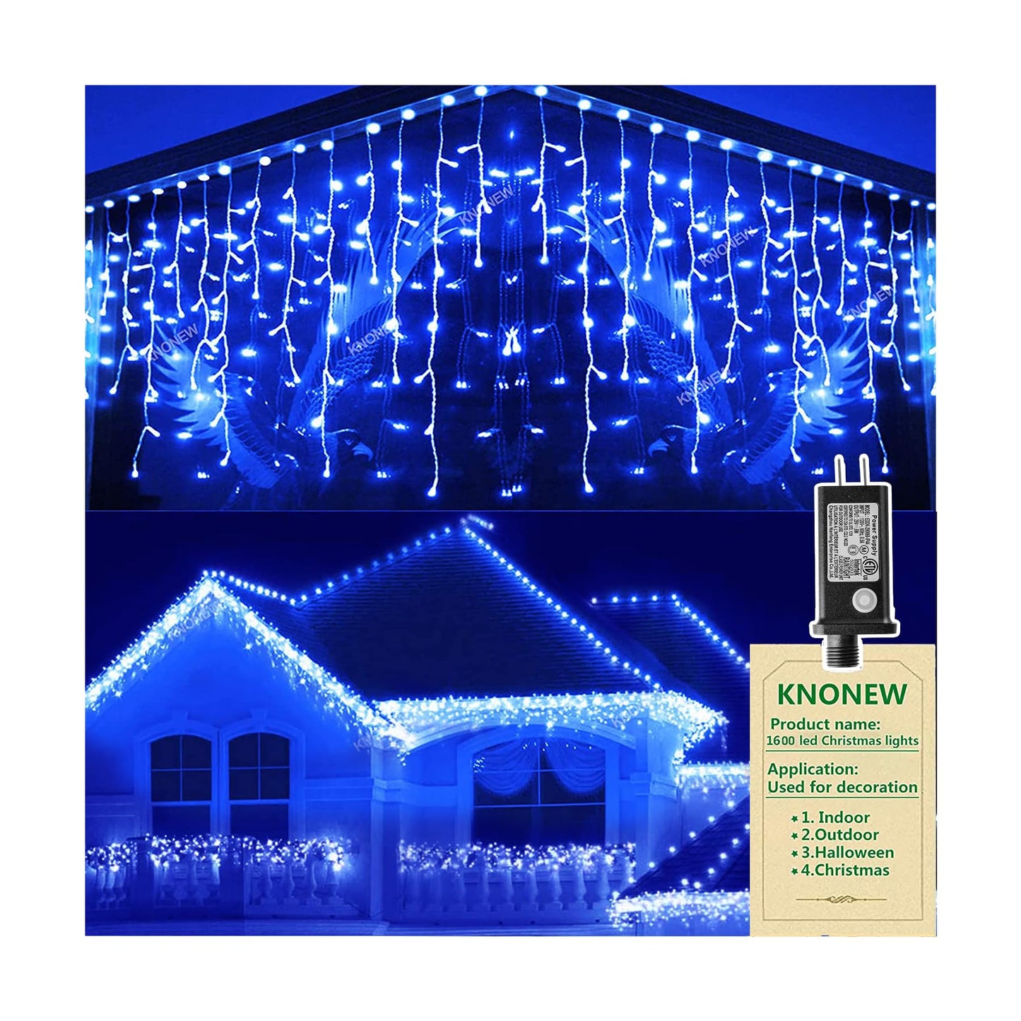 KNONEW 164FT 1600 LED Christmas Lights Outdoor Decoration Blue Timer 8Modes Hanging Fairy String Lights with 320 Drops, Plug in Waterproof Indoor Decor for Holiday Wedding Party Window Garden
