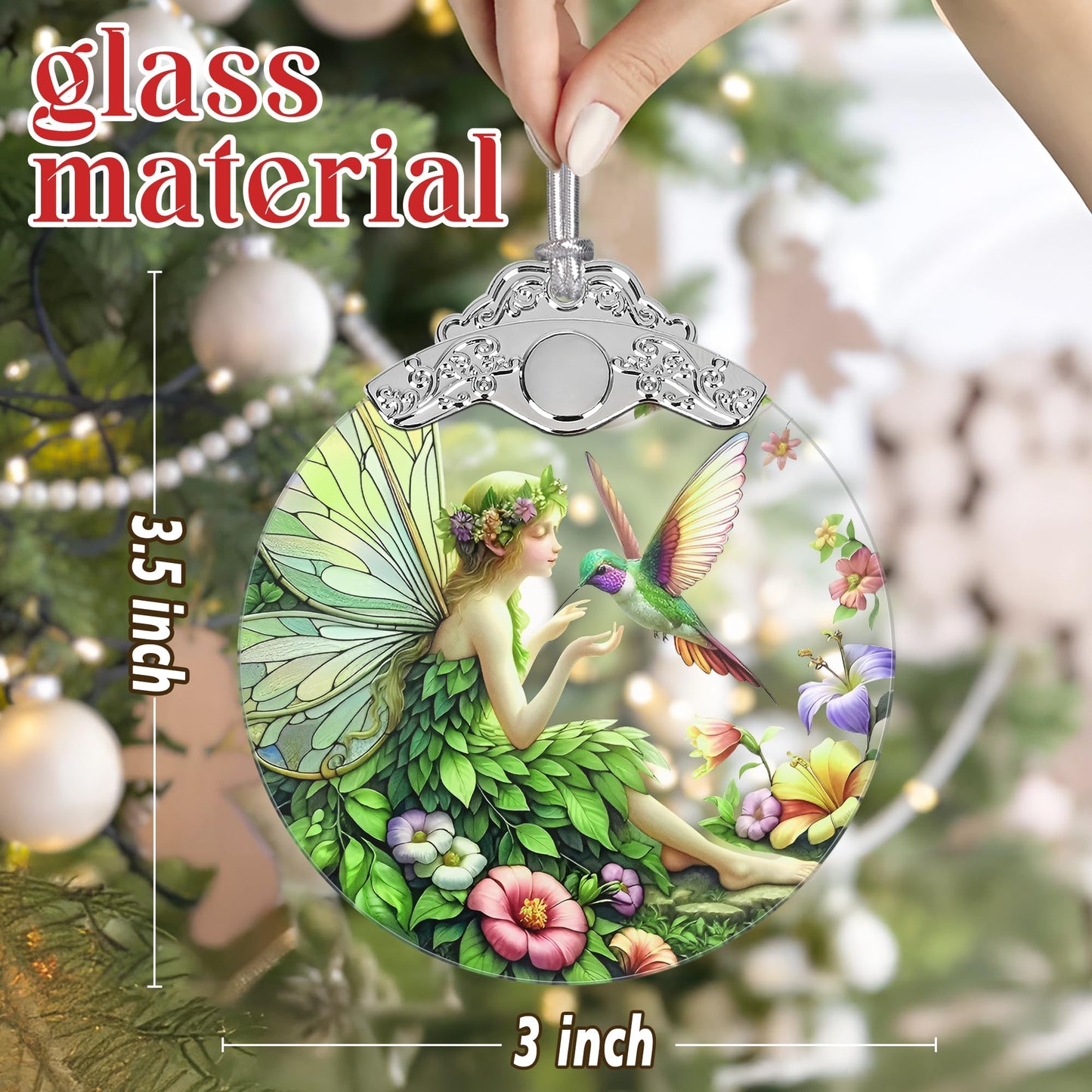 Jocidea Fairy & Hummingbird Christmas Ornament - Stained Glass Hanging Decor - Tree Decoration - Gifts for Women, Her, Mom