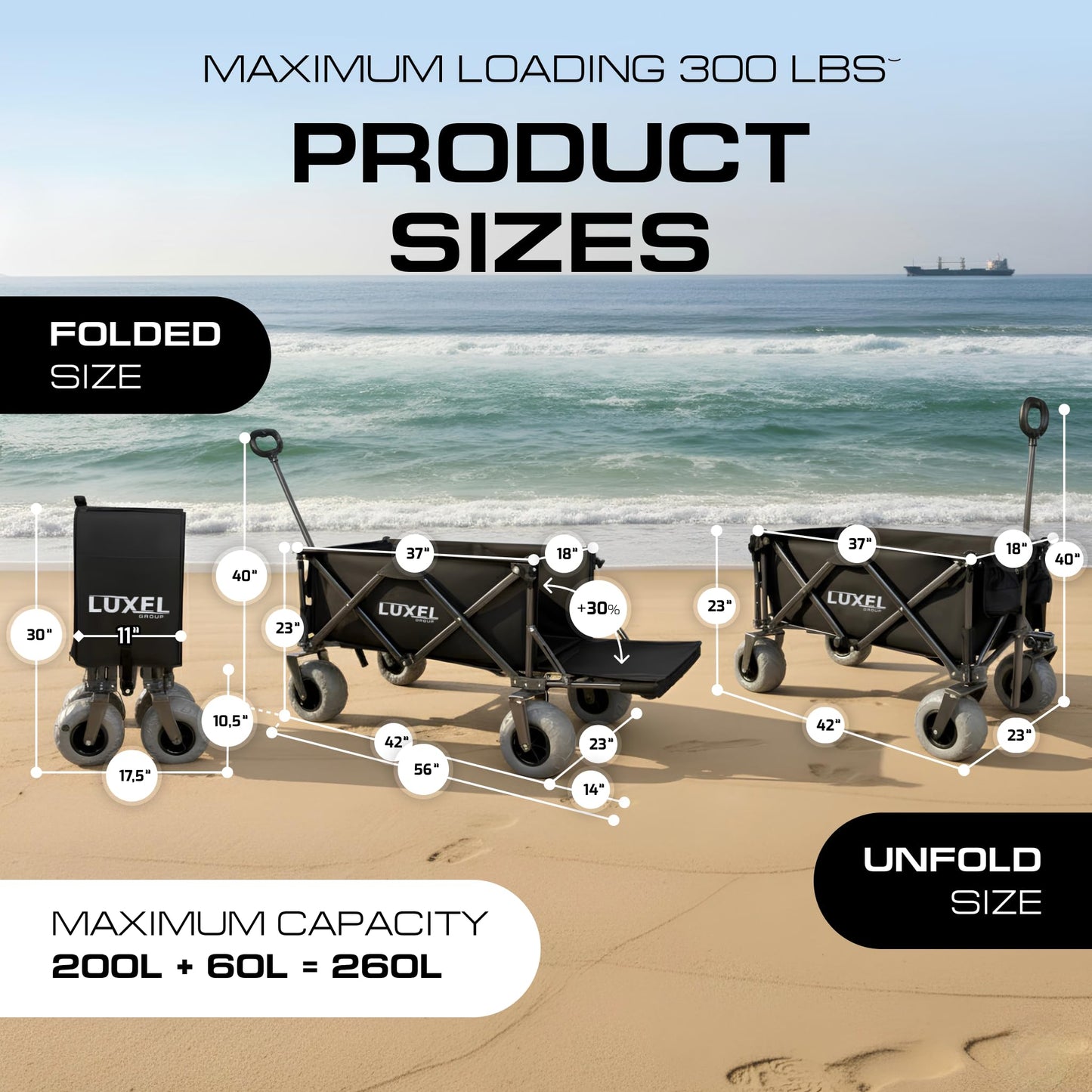 Beach Wagon with Big Wheels for Sand - Heavy Duty Collapsible Folding Utility Wagon Cart 300lb Capacity with 9” All-Terrain Pneumatic Tires & Cup Holders - Portable Garden Camping Outdoor Cart (Black)