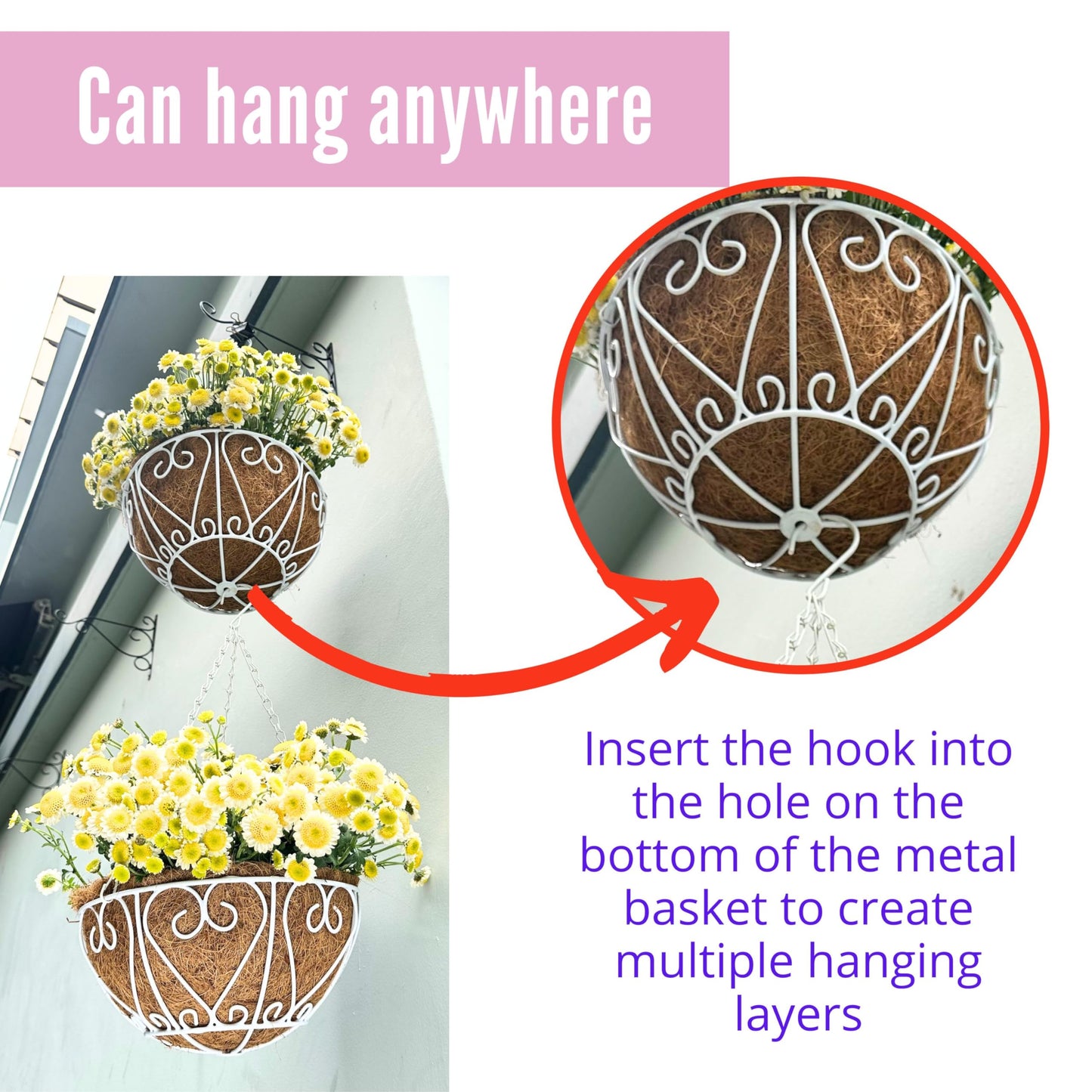 LaLaGreen Hanging Baskets for Plants (4 Pack, 14 Inch) Hanging Flower Pots with Coco Liner, White Metal Wire Round Basket Plant Holder with Hanger Hook Chain Outdoor Deck Patio Balcony Garden Decor