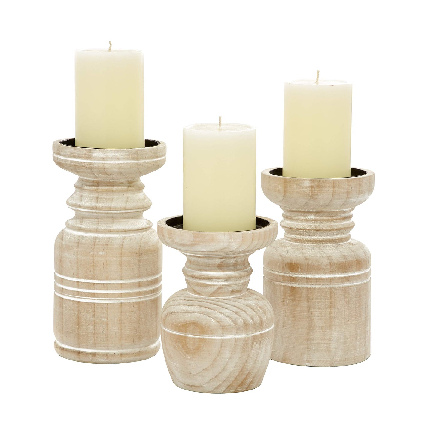Deco 79 Wood Pillar Candle Holder with White Wash Finish, Set of 3 9", 8", 6"H, Brown