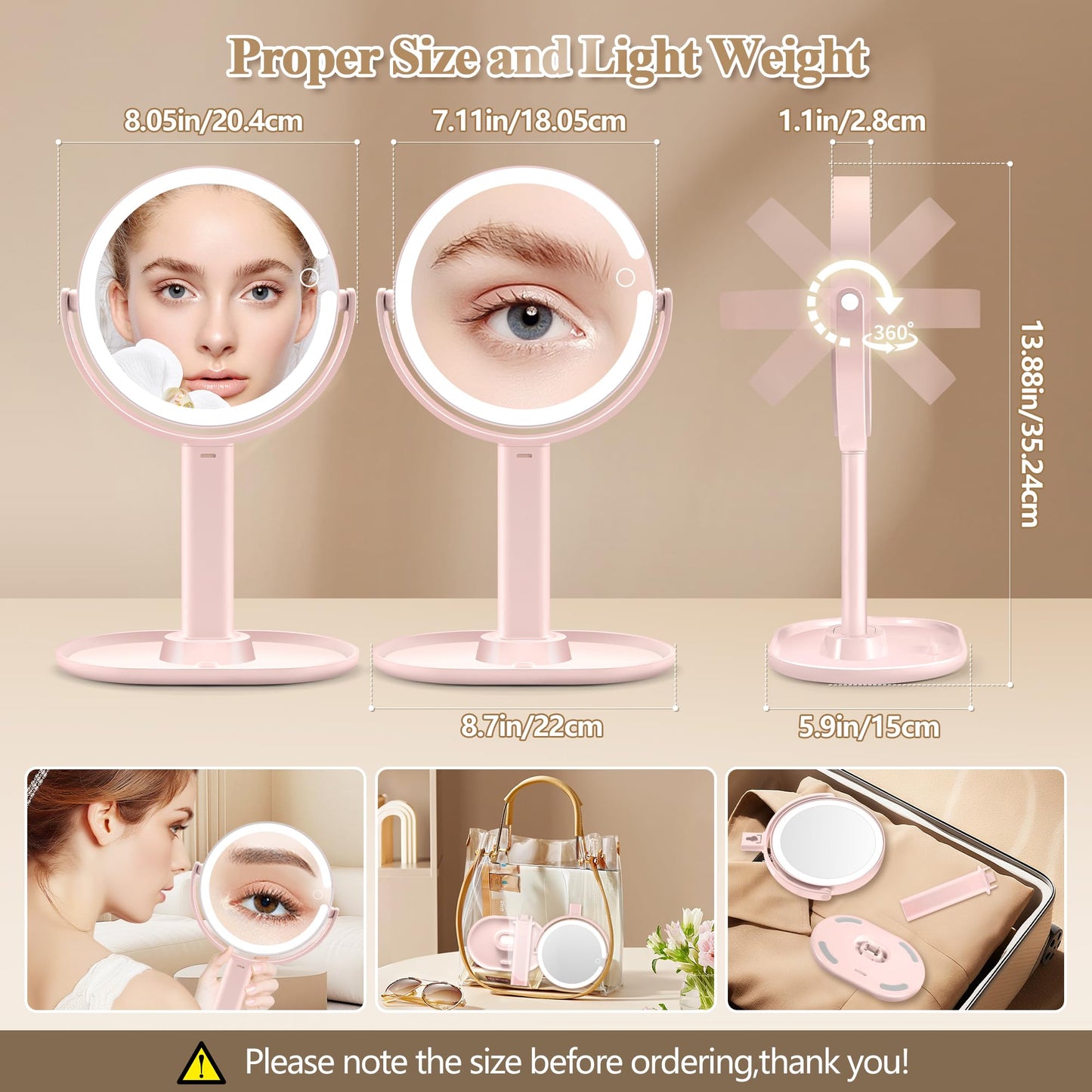 Makeup Mirror with Lights, Double Sided 1x/20x Magnifying Mirror with Light, Rechargeable 3 Color Lights and Adjustable Brightness, 360° Rotation Detachable Comes with Tweezer(Black)