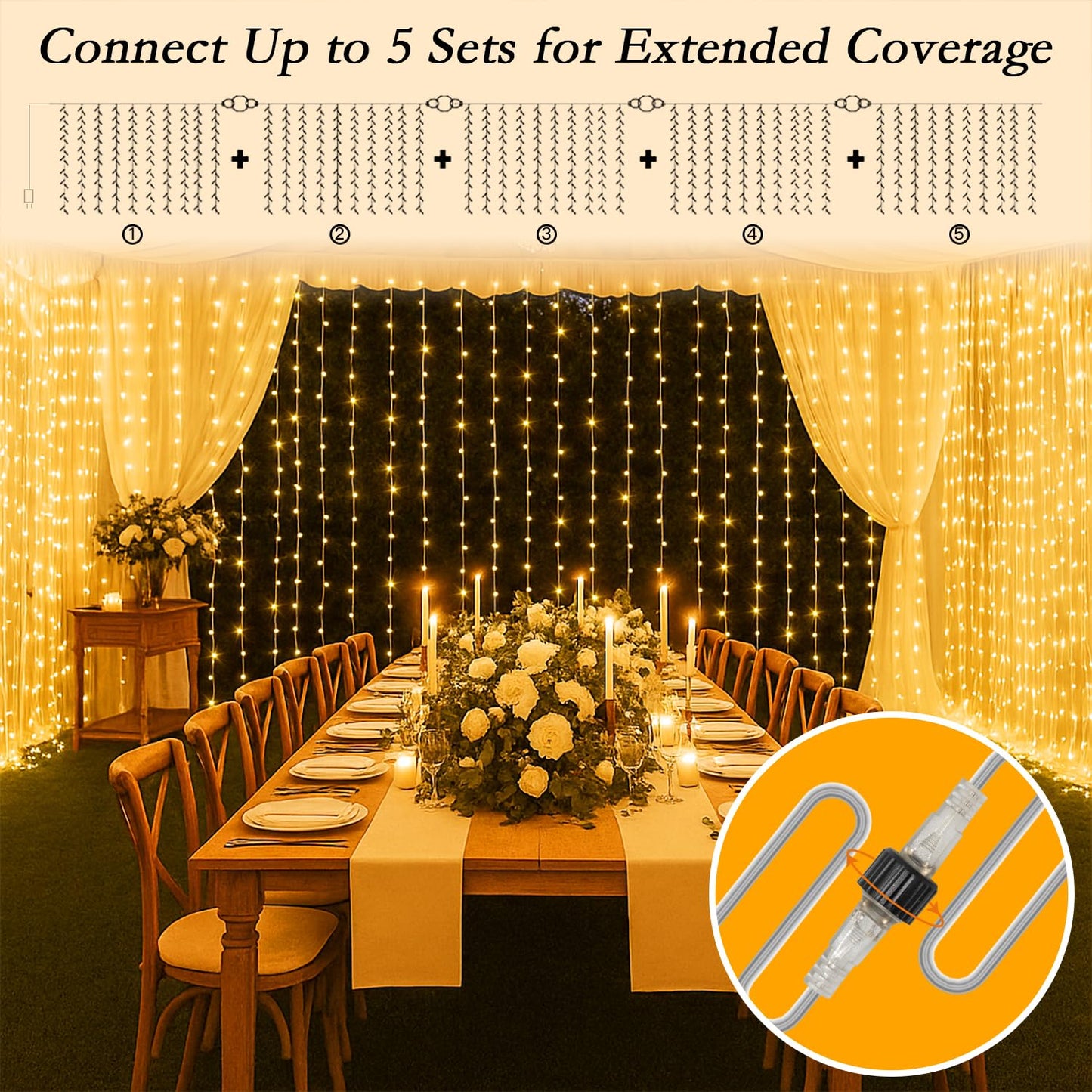 Soagrc 200 LED Warm White Curtain String Lights 9.8x6.6FT, Plug in Fairy Lights with 9 Hooks, Dimmable, Timer & 8 Modes, IP44 Waterproof, Bedroom Wall Wedding Party Christmas Indoor Outdoor Decor