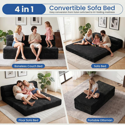 Tri-Fold Futon Sofa Bed, 6 Inch Foldable Floor Couch, High-Density Foam Convertible Sleeper Sofa with Removable Washable Corduroy Cover, Portable Floor Mattress for Living Room Bedroom Dorm RV Camping