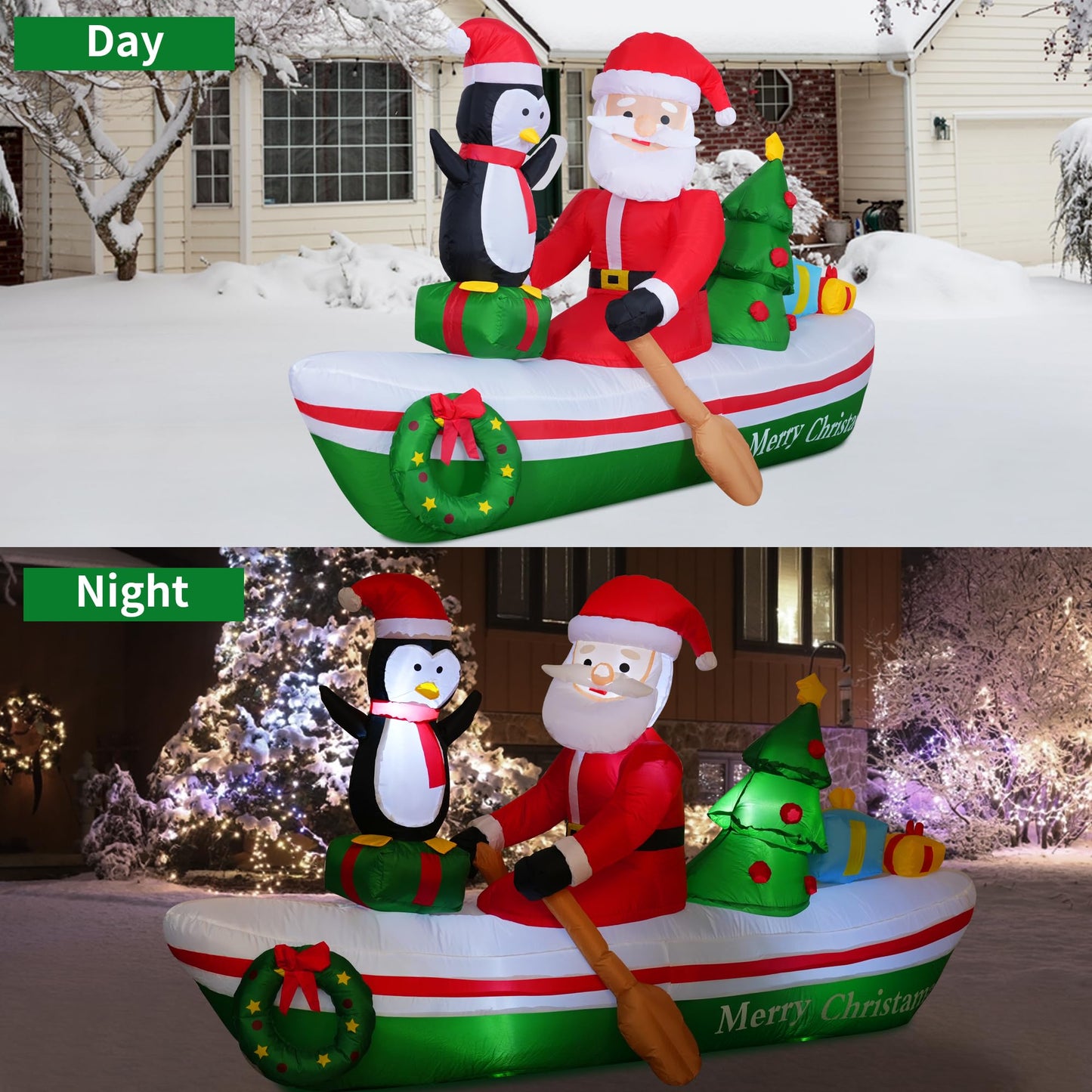 Double Couple 7FT Christmas Inflatable Santa Rowing Boat with Penguin/Christmas Tree/Gifts/Garlands Xmas Blow Up with Build-in LEDs Lights for Outside Indoor Party Garden Lawn