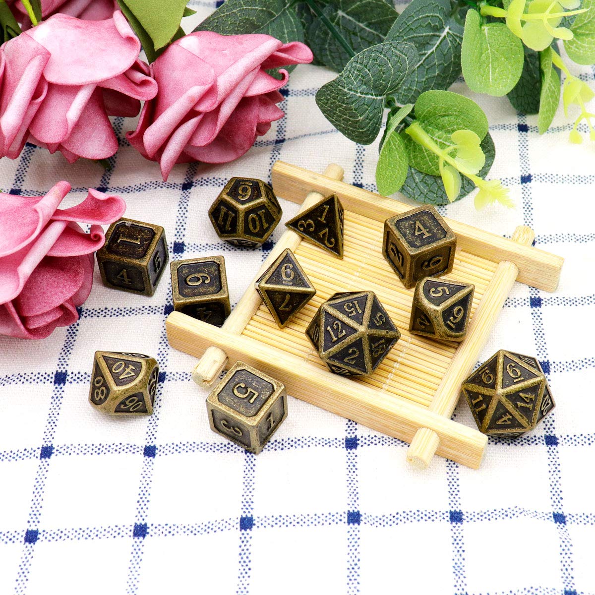 Haxtec 11 Pieces Metal DND Dice Set D&D Extra D6 D20 Ancient D&D Dice for Dungeons and Dragons TTRPG Games-Antique Bronze 11PCS