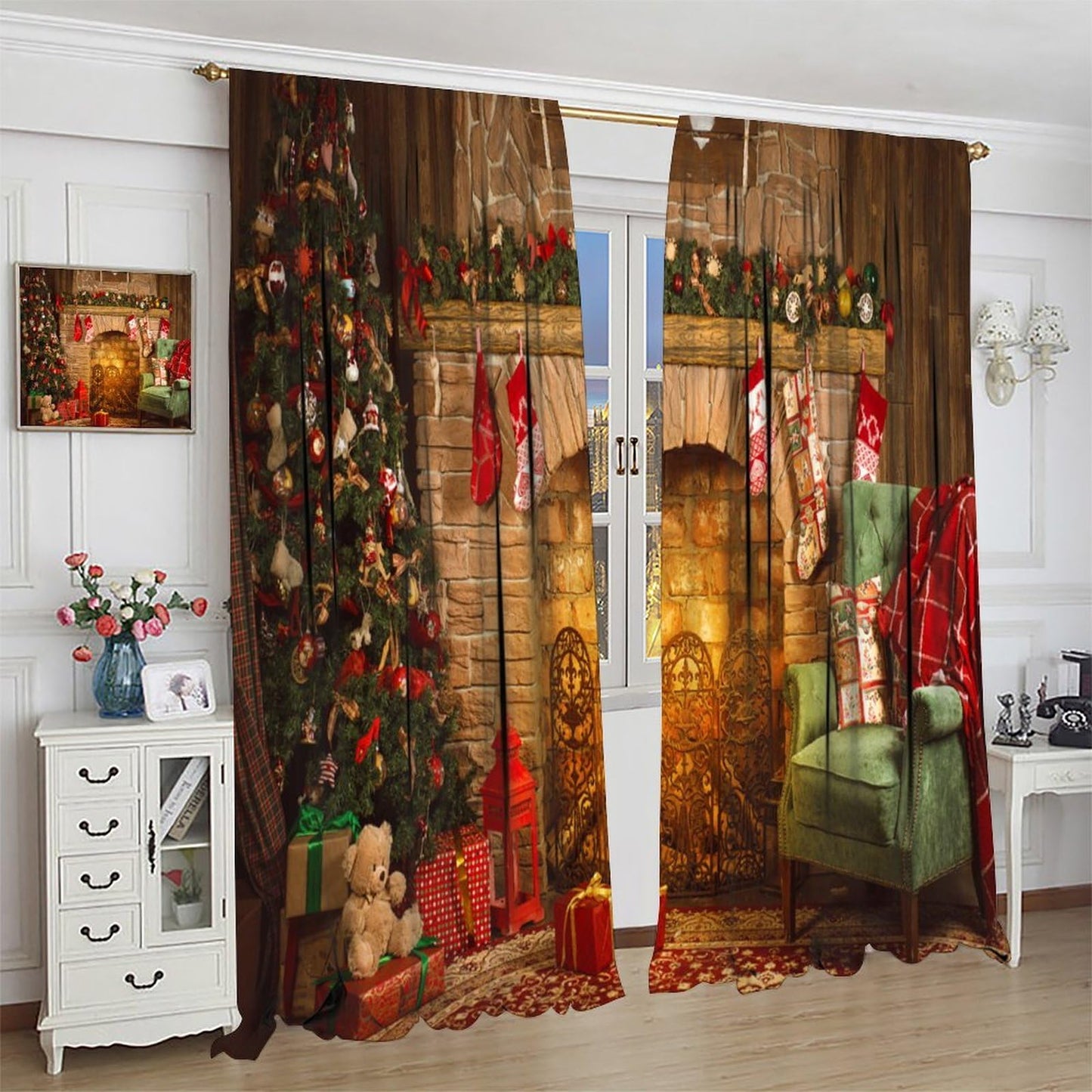 FengMingRui Christmas Window Curtain for Bedroom Fireplace Printed Window Treatment Winter Holiday Christmas Decor Window Drapes 42" W X 45" L