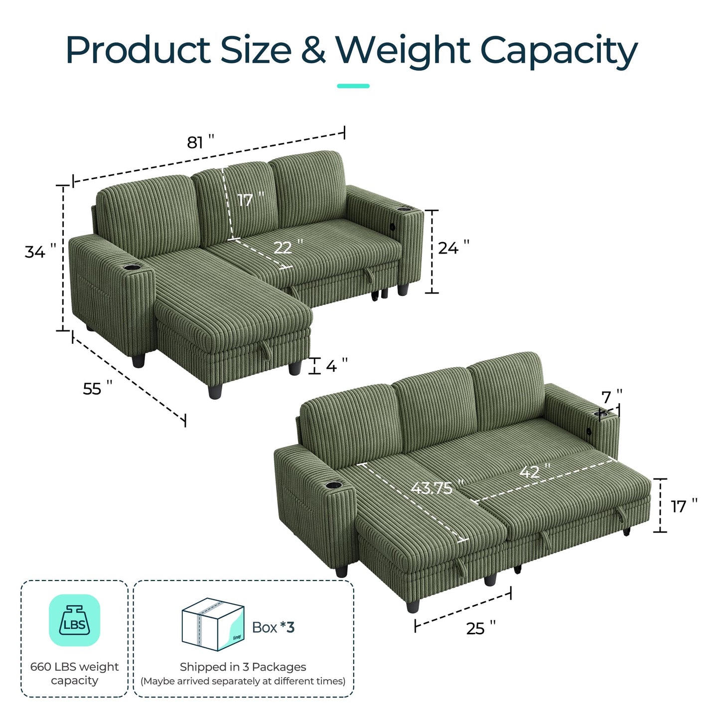 LINSY HOME Pull Out Sleeper Sofa Sectional Couches for Living Room, L Shaped Plush Corduroy Couch with Storage&USB Charging, Convertible Cloud Sectional Sofa Bed for Apartment, Green