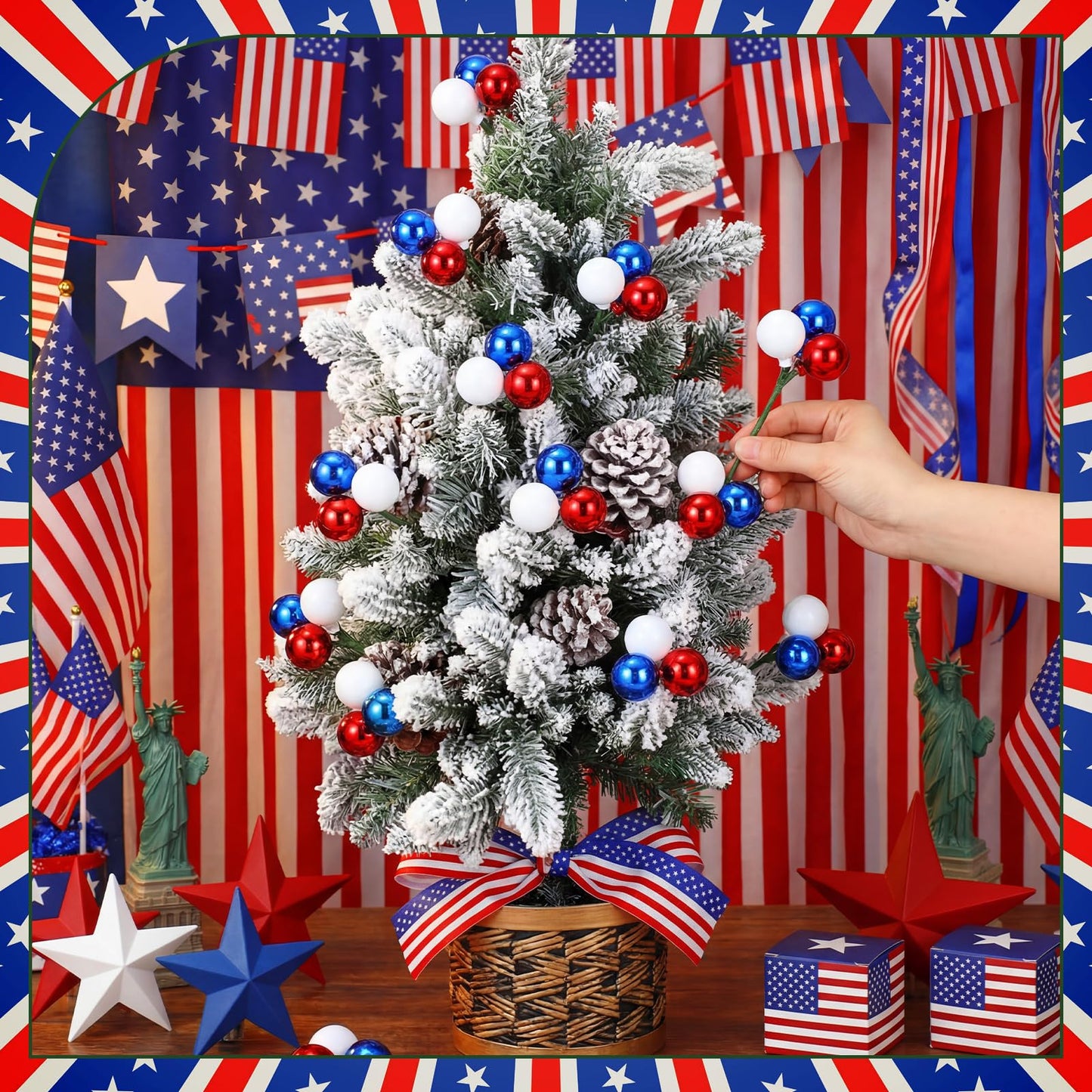 Syhood 12 Set 4th of July Red White and Blue Ball Picks Patriotic Tree Decoration 7.9 Inch 250th Anniversary Glitter Ball Ornaments on Wired Picks and Sprays for Independence Day Tree Wreath Vase DIY