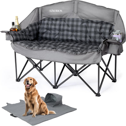 Oversized Double Camping Chair Heavy Duty Padded Double Folding Chair with Cup Holders & Carry Bag Foldable 2 Person Camping Chairs Outdoor Portable Couch for Lawn, Sports - Supports 900LBS Grey