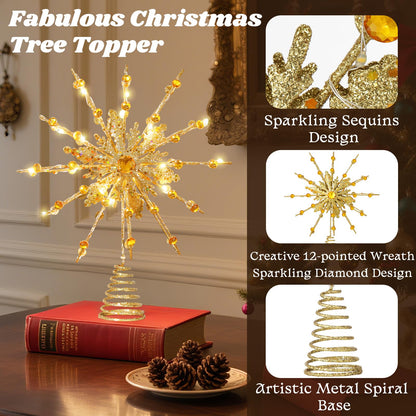 Lewondr Christmas Tree Topper, 12.2'' Metal Xmas Star Tree Topper with 20 LED Bulbs, USB Powered Glittered 12-Pointed Treetop for Christmas Ornaments, Remote Control, 6H Timer, 8 Light Modes, Gold