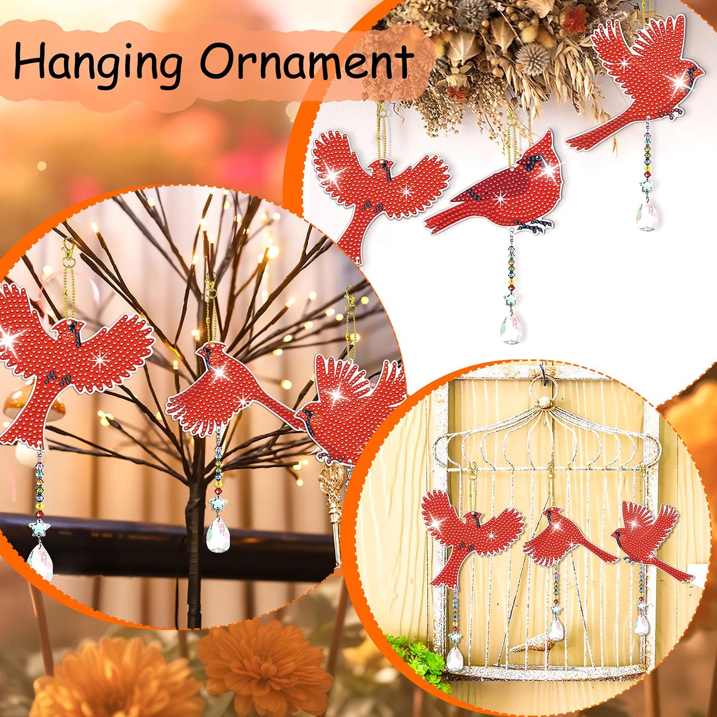 JeCuiK 6 Pcs Cardinal Bird Diamond Painting Wind Chimes 5D DIY Diamonds Painting Suncatcher Ornament Double Sided Diamond Art Suncatcher Hanging Crystal Pendant Best Gifts for Mom