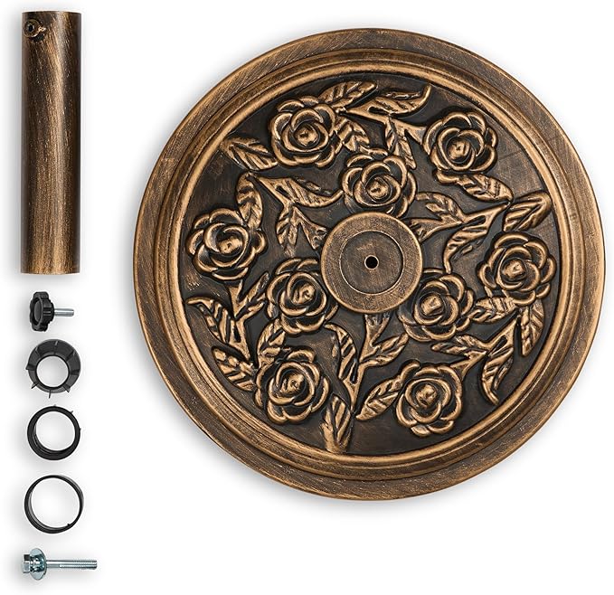 Backyard Expressions 20 lb Patio Umbrella Base Stand, Decorative Rose Medallion Antique Bronze Finish, Fits 1.5–1.9 in Poles w/Adapters, 18 in Round Weighted Outdoor Umbrella Holder for Deck & Table