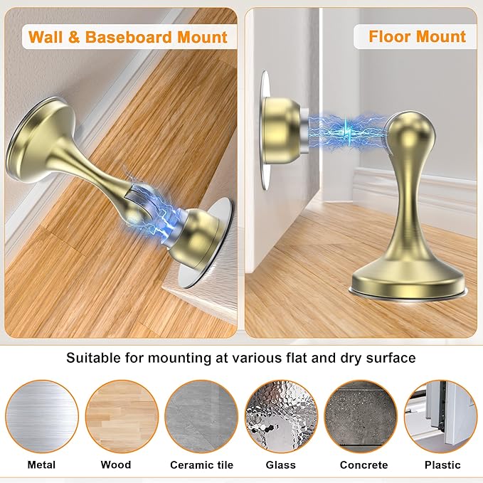 Crosize Magnetic Door Stoppers 4 Pack, Stainless Steel Door Stops for Wall and Floor Mounting, Gate Stops, No Drilling Metal Doorstops with Adhesive Tapes, Gold
