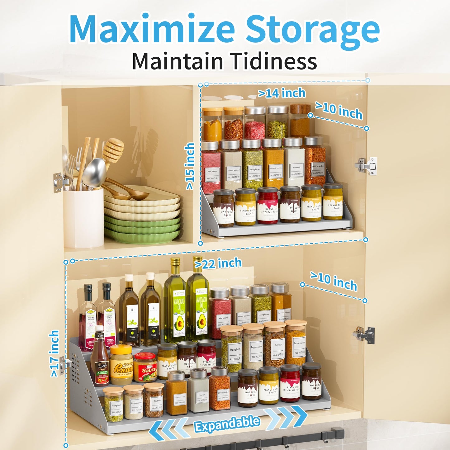 BOIVSHI Spice Rack Organizer, Metal Spice Rack Organizer for Cabinet, Countertop Spice Rack - Expandable Width, 3 Tier Spice Shelf for Cabinet, Countertop, Pantry, Cupboard, Gray