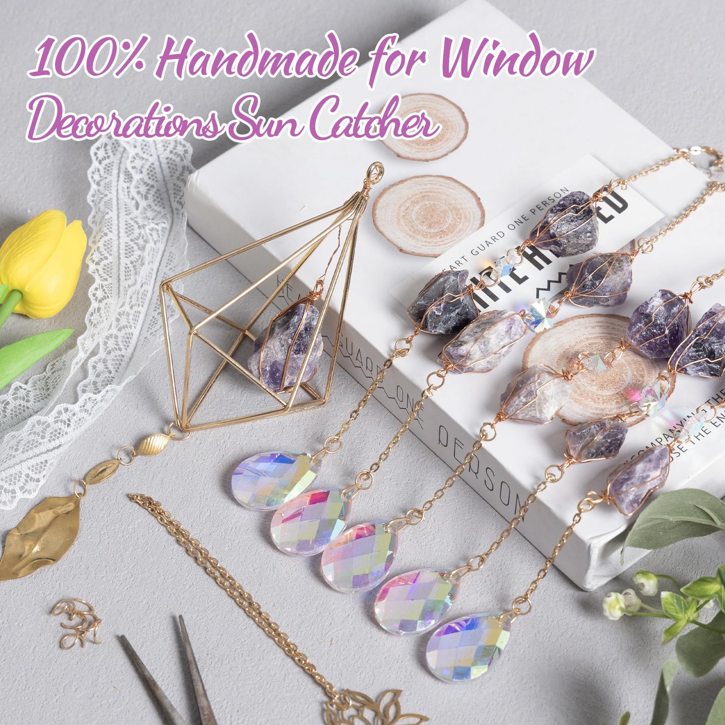 Amethyst Crystal Suncatcher - Dreamsum Hanging Gold Plated Garden Sun Catcher for Windows, Healing Amethyst Crystal Decor for Home, Gift for Christmas Birthday Valentine Mothers Day