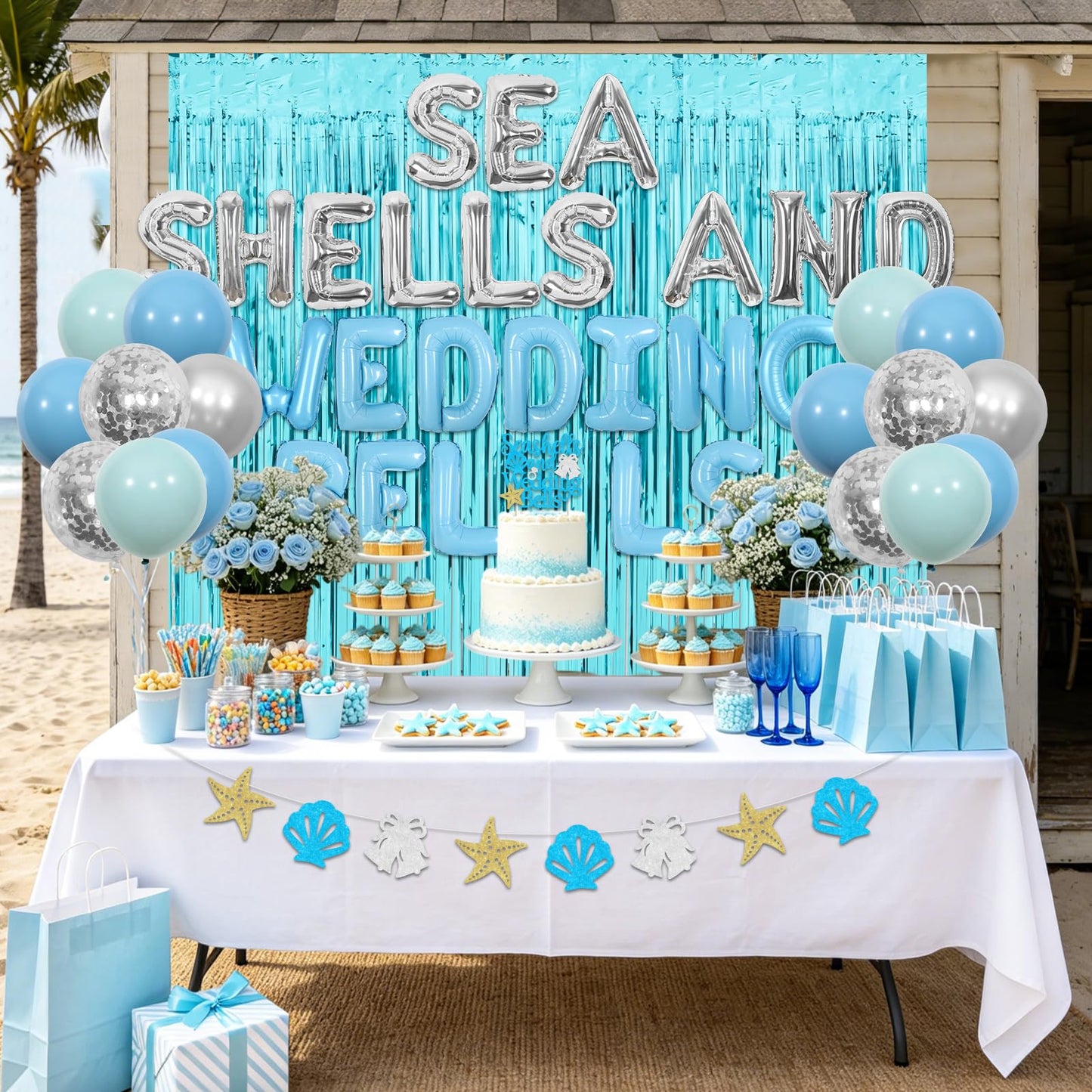 Fangleland Seashells and Wedding Bells Bachelorette Decorations, Blue Beach Theme Banner Garland Cake Topper Sash Fringe Curtain Balloons, Coastal Bridal Shower Engagement Party Supplies