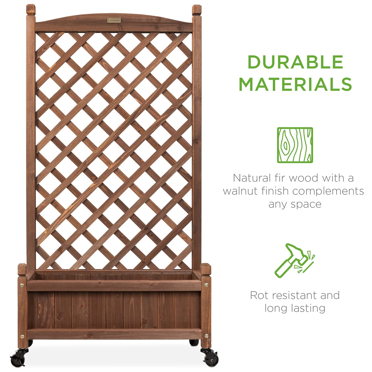 Best Choice Products Set of 2 48in Wood Planter Box & Diamond Lattice Trellis, Mobile Outdoor Raised Garden Bed for Climbing Plants w/Drainage Holes, Optional Wheels - Walnut