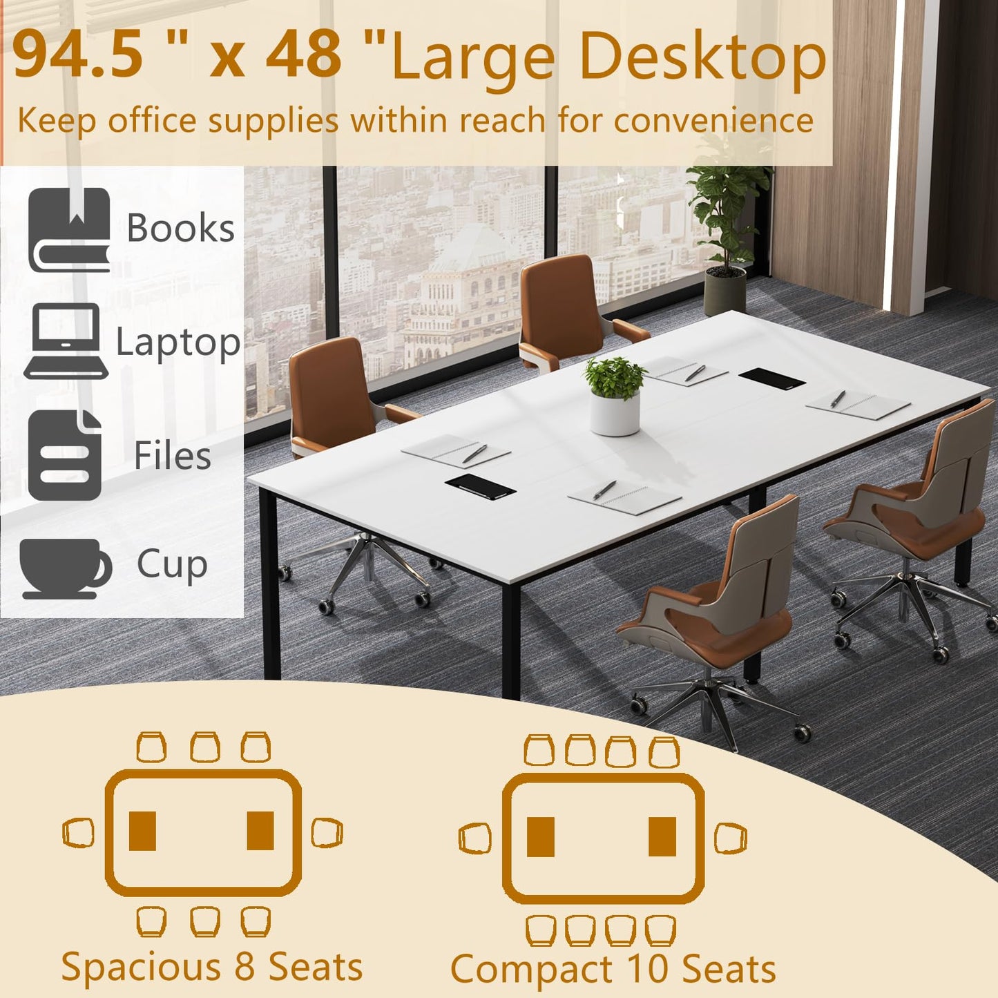 Nightcore Rectangle Conference Table for 10, 8 ft Large Seminar Table with 2 Cable Grommets, Modern Industrial Office Computer Desk with Metal Legs for Boardroom, Meeting Room, White