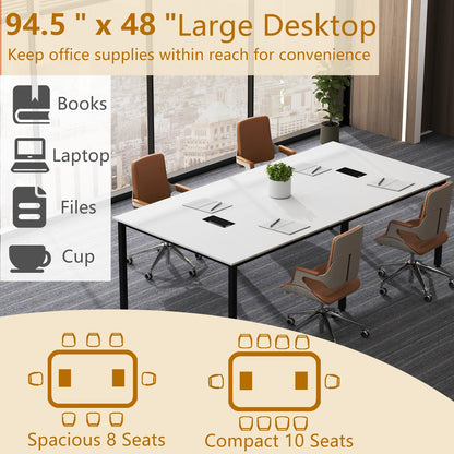Nightcore Rectangle Conference Table for 10, 8 ft Large Seminar Table with 2 Cable Grommets, Modern Industrial Office Computer Desk with Metal Legs for Boardroom, Meeting Room, White