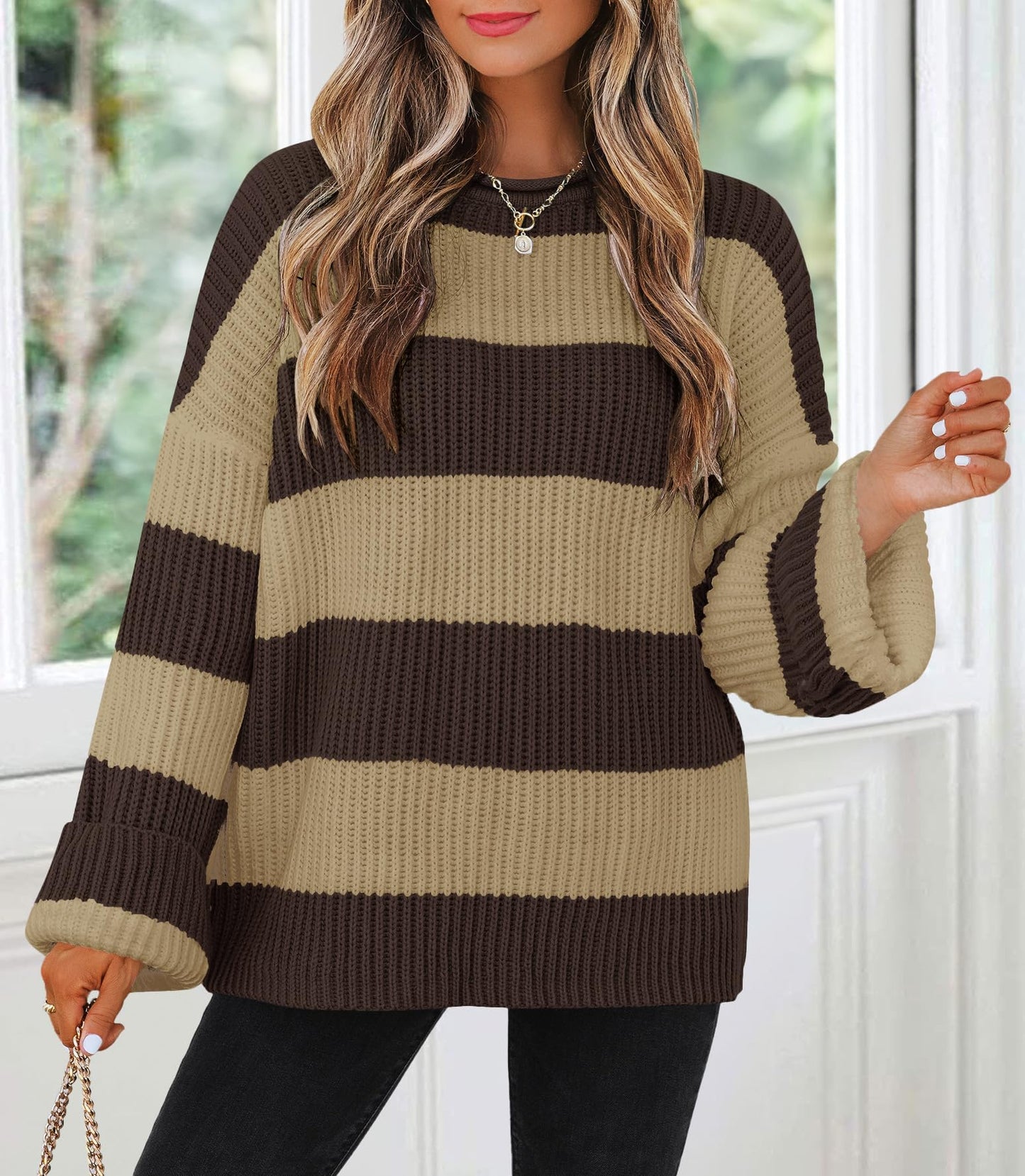 ZESICA Women's 2025 Fall Long Sleeve Oversized Striped Color Block Comfy Loose Crew Neck Knitted Pullover Sweater
