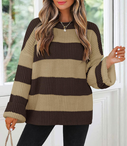 ZESICA Women's 2025 Fall Long Sleeve Oversized Striped Color Block Comfy Loose Crew Neck Knitted Pullover Sweater