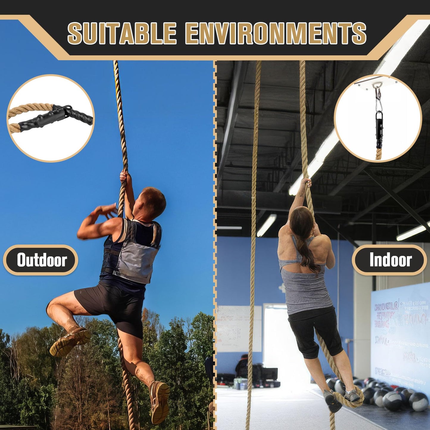 GDHSWJ Gym Climbing Rope, Indoor Outdoor Climbing Ropes - Climbing Rope for Adults - 10ft Length, 1.5" Diameter, Climbing Ropes with Hook for Indoor and Outdoor Fitness