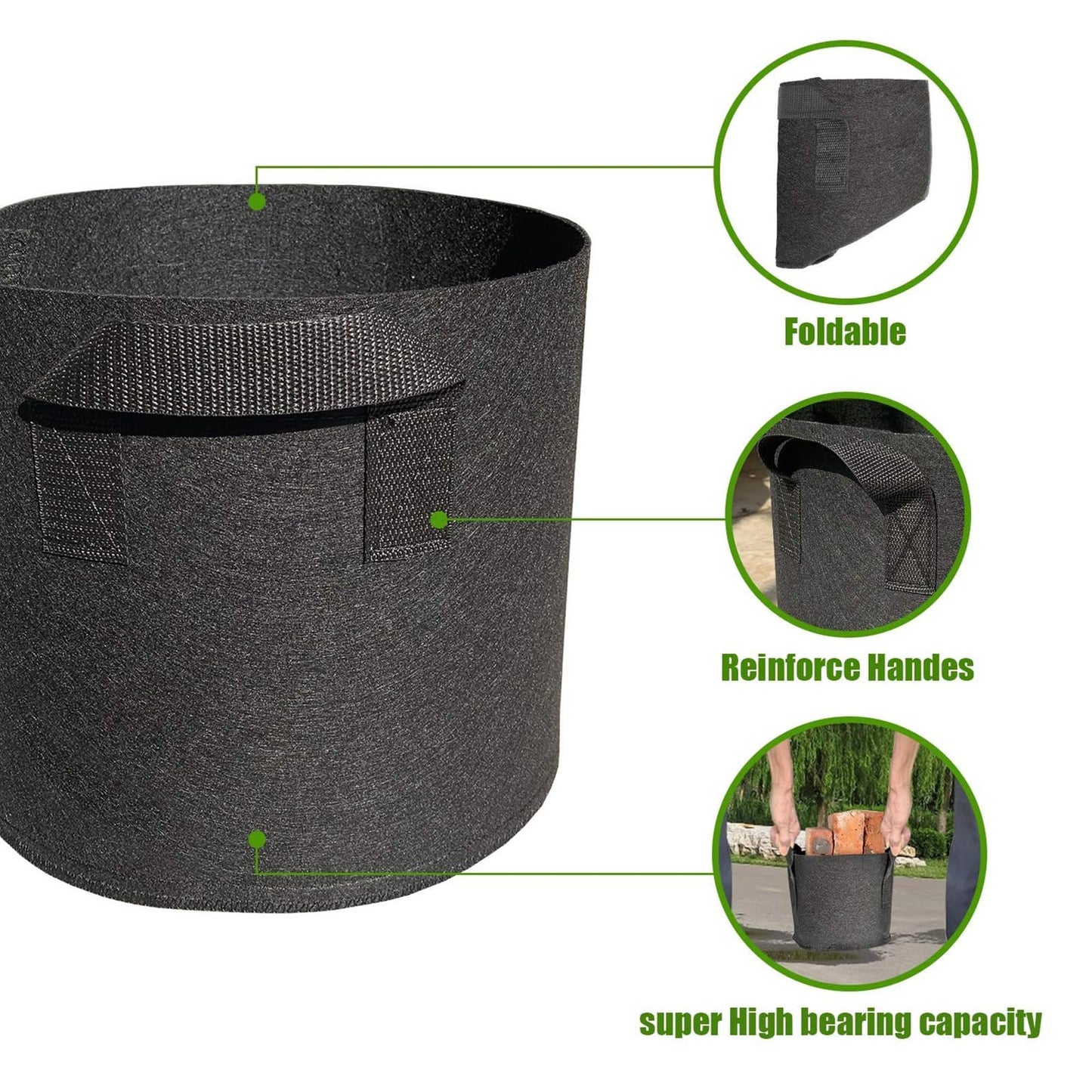 WIRETRAN 5 Pack 3 Gallon Grow Bags with Handles Garden Vegetable Flower Grow Bags Nonwoven Aeration Fabric Pots for Nursery Garden Planting