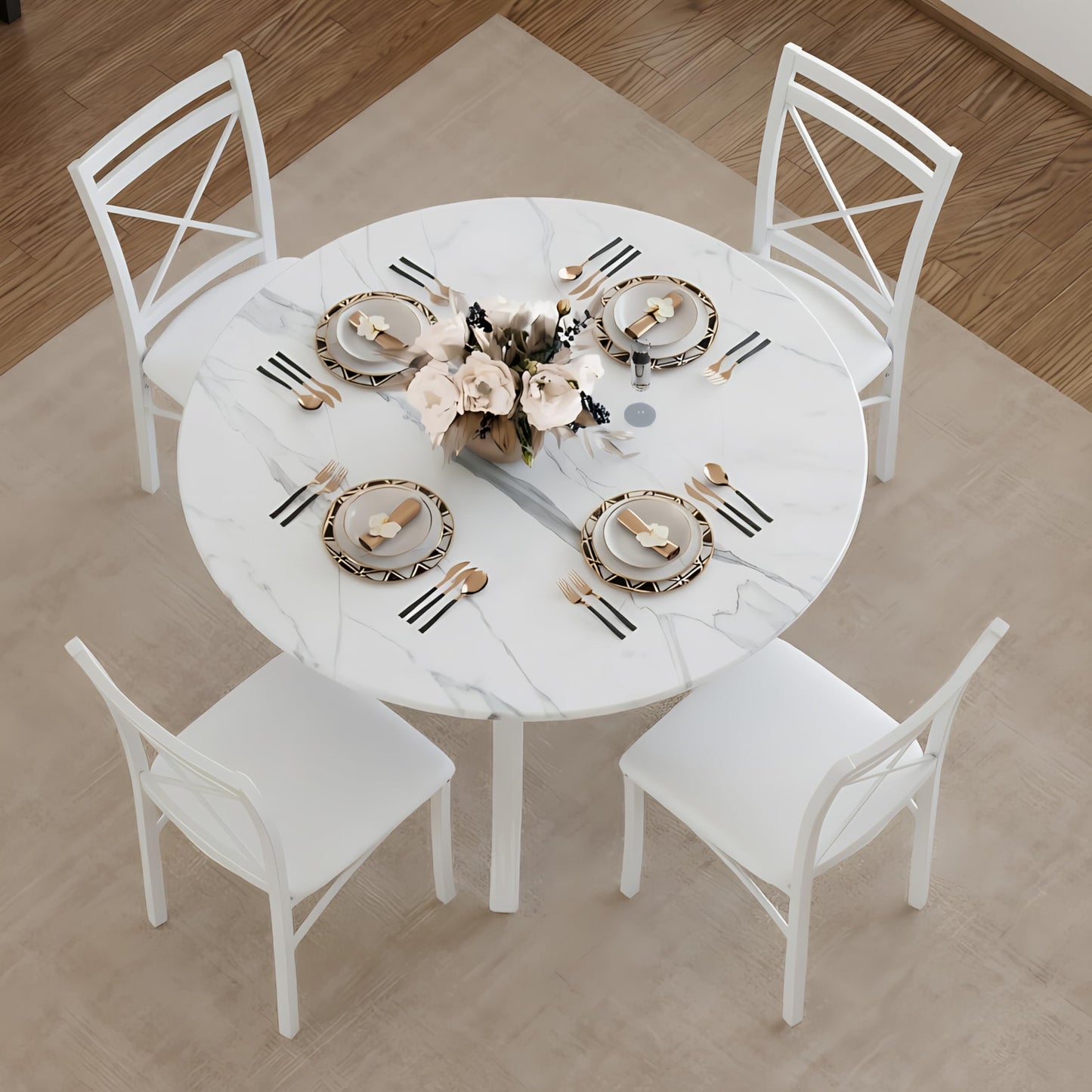 VECELO 5 Piece Dining Table Set for 4 with Chairs, Faux Marble Tabletop, Small Space, Kitchen, Breakfast Nook, White