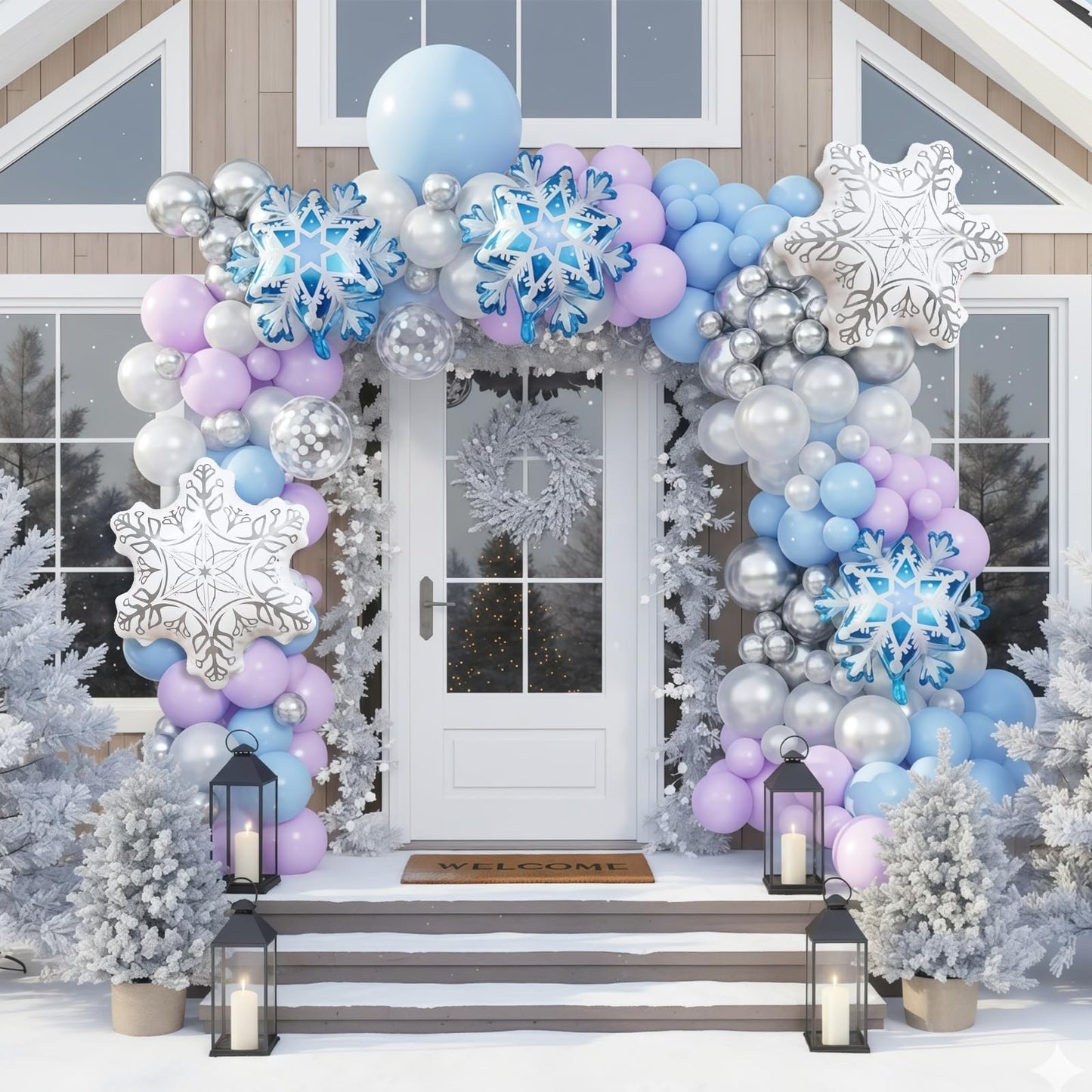 Winter Wonderland Balloon Arch Garland Kit, 141Pcs Pastel Purple Blue White Metallic Silver Winter Onderland Balloon Arch with Snow flake Foil Balloon for Women Birthday Party Christmas Decorations