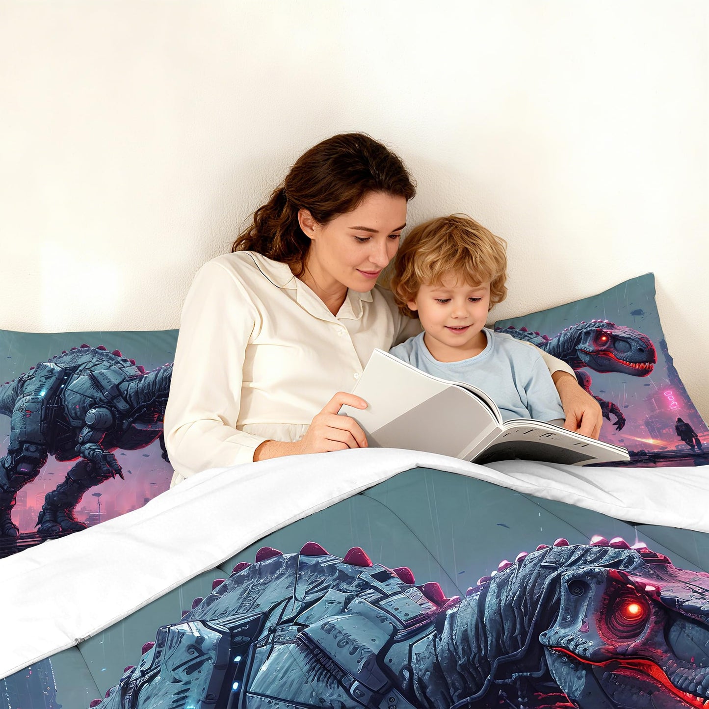 VTKON Kids Dinosaur Comforter Set Queen Size Dino Bedding Set for Kids Teens 3D Printed Neon Dino Comforter Sets 3 Pcs Soft Microfiber Boys Bedroom Decor