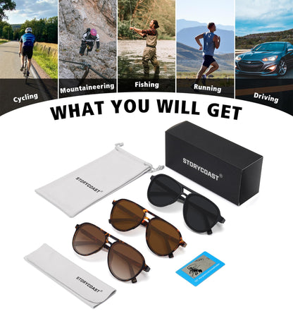 STORYCOAST Polarized Aviator Sunglasses for Men Women Classic Retro Aviators Sports Driving Running Sun Glasses 3Pack-Black+Tortoise/Brown+Leopard/Gradient Brown